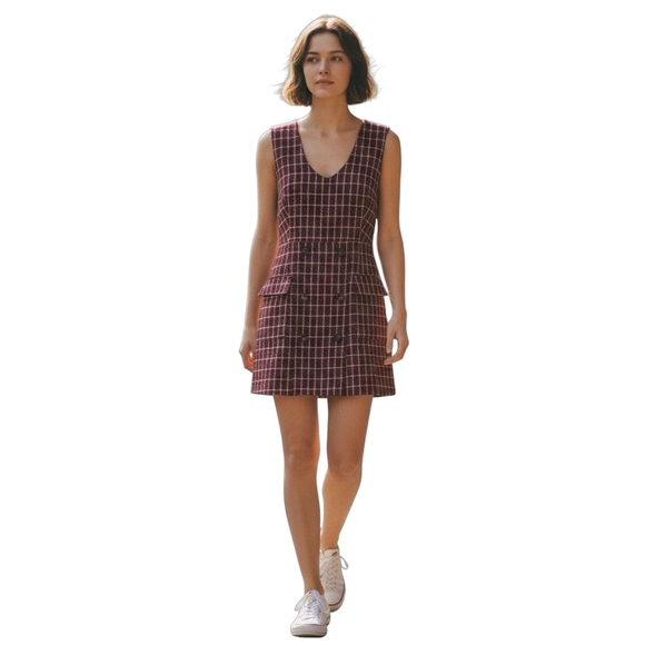 Joe Fresh Plaid Pinafore Dress Womens L Boucle Red White Black Pockets Academic - Picture 1 of 10